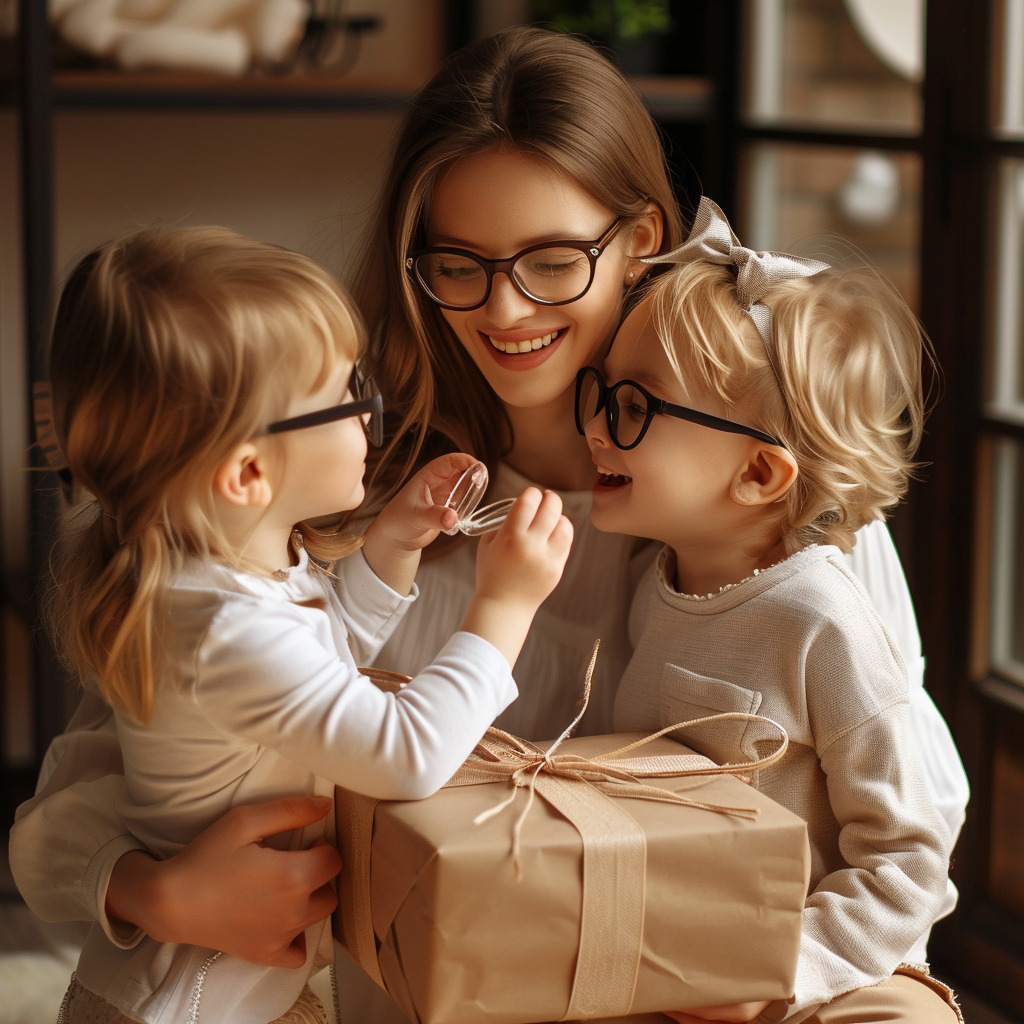 na zdjęciu widać uśmiechniętą kobietę, prawdopodobnie matkę, która jest w interakcji z dwójką dzieci. Dzieci są ubrane w pasujące do siebie białe sweterki i czarne okulary, podobnie jak kobieta, co sugeruje, że mogą bawić się w 'dorosłe', naśladując ją. Trzymają prezent zapakowany w papier z wiązaną wstążką, co może wskazywać na specjalną okazję, taką jak urodziny czy Dzień Matki. Cała trójka wydaje się być w domowym, ciepłym otoczeniu, co dodaje scenie intymnego charakteru.
