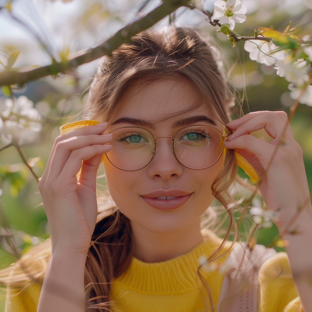 okulary na wiosnę Młoda kobieta wśród kwiatów na drzewie patrzy w dal trzymając się za swoje okulary