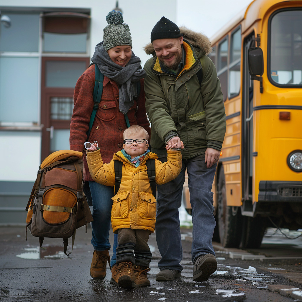 okulary na kolonię Na zdjęciu widać rodzinę - dwoje dorosłych i dziecko - chodzących razem w kierunku żółtego autobusu, który wydaje się być szkolnym autobusem. Dziecko, w żółtej kurtce i z okularami, trzyma za ręce obydwoje dorosłych, którzy uśmiechają się patrząc na nie. Dorośli są ubrani w ciepłe zimowe ubrania, co sugeruje chłodniejszą porę roku. Scena ta wygląda na moment pożegnania lub odprowadzania dziecka do szkoły, co jest częstym rytuałem w wielu rodzinach. Atmosfera jest radosna i ciepła, pomimo chłodnej pogody.