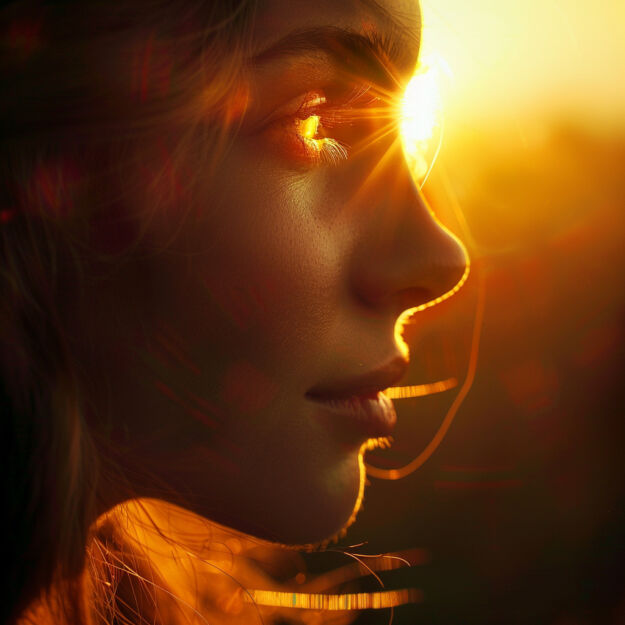 Zdjęcie przedstawia zbliżenie na twarz kobiety w złotym świetle zachodzącego słońca. Słońce jest umieszczone tuż przy jej oku, tworząc efekt świetlny zwanym "flare", który rzuca kolorowe odblaski na jej skórę. Kobieta ma spokojne, niemal rozmarzone wyraz twarzy, co może sugerować moment relaksu lub głębokiej refleksji. Promienie słoneczne delikatnie podkreślają jej rysy, tworząc silny kontrast i głębię na zdjęciu. Całość kompozycji jest bardzo malownicza i wprowadza atmosferę spokoju oraz jedności z naturą.