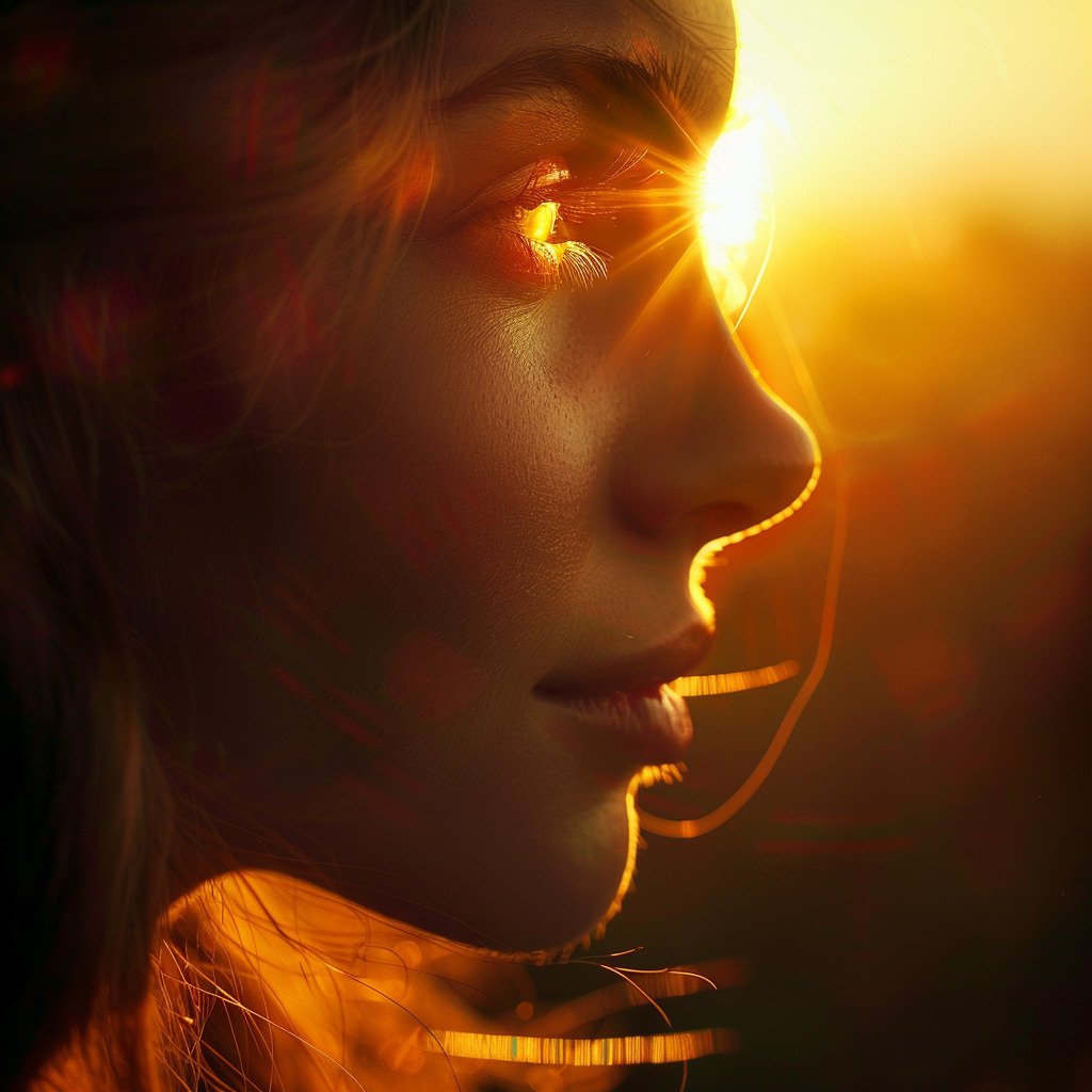nie patrz w słońce Zdjęcie przedstawia zbliżenie na twarz kobiety w złotym świetle zachodzącego słońca. Słońce jest umieszczone tuż przy jej oku, tworząc efekt świetlny zwanym "flare", który rzuca kolorowe odblaski na jej skórę. Kobieta ma spokojne, niemal rozmarzone wyraz twarzy, co może sugerować moment relaksu lub głębokiej refleksji. Promienie słoneczne delikatnie podkreślają jej rysy, tworząc silny kontrast i głębię na zdjęciu. Całość kompozycji jest bardzo malownicza i wprowadza atmosferę spokoju oraz jedności z naturą.