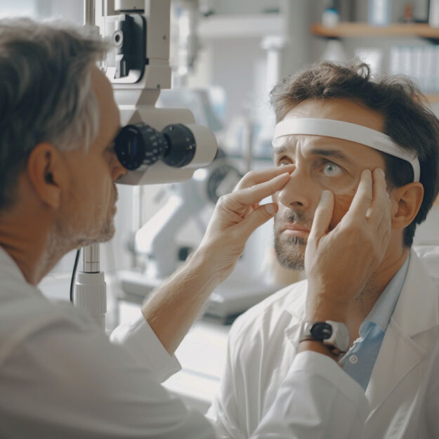 Na zdjęciu przedstawiono pacjenta w gabinecie okulistycznym podczas badania wzroku. Okulista, w białym fartuchu, dokładnie bada oko pacjenta, który ma na głowie białą opaskę, być może w celu stabilizacji głowy w trakcie badania. Scena wydaje się być standardową procedurą podczas wizyty u specjalisty od zdrowia oczu, co sugeruje, że pacjent może mieć problemy z widzeniem lub odczuwać ból oczu. Przedstawione działania są typowe dla rutynowego sprawdzenia ostrości wzroku lub diagnozowania stanów zdrowia oczu. Atmosfera zdjęcia jest profesjonalna i skupiona na opiece zdrowotnej.