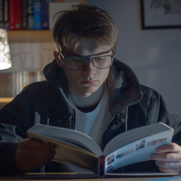 Na zdjęciu widzimy młodego człowieka, najprawdopodobniej nastolatka, który czyta książkę. Ma on na sobie okulary, co wskazuje, że mogą być one pomocne w czytaniu i skupianiu wzroku na tekście. Nastolatek jest ubrany w ciemną kurtkę z kapturem i biały T-shirt, co sugeruje, że może znajdować się w chłodniejszym środowisku lub być po prostu przygotowany do wyjścia na zewnątrz. Oświetlenie skupia się na książce i twarzy czytającego, co wskazuje na to, że może to być wieczór lub wczesny ranek, podczas gdy tło jest ciemne i nieco niewyraźne, pozwalając skupić całą uwagę na aktywności czytelniczej. Atmosfera jest spokojna i skupiona, idealna do zatopienia się w lekturze.