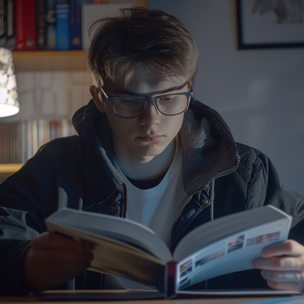 okulary a sukces edukacyjny Na zdjęciu widzimy młodego człowieka, najprawdopodobniej nastolatka, który czyta książkę. Ma on na sobie okulary, co wskazuje, że mogą być one pomocne w czytaniu i skupianiu wzroku na tekście. Nastolatek jest ubrany w ciemną kurtkę z kapturem i biały T-shirt, co sugeruje, że może znajdować się w chłodniejszym środowisku lub być po prostu przygotowany do wyjścia na zewnątrz. Oświetlenie skupia się na książce i twarzy czytającego, co wskazuje na to, że może to być wieczór lub wczesny ranek, podczas gdy tło jest ciemne i nieco niewyraźne, pozwalając skupić całą uwagę na aktywności czytelniczej. Atmosfera jest spokojna i skupiona, idealna do zatopienia się w lekturze.