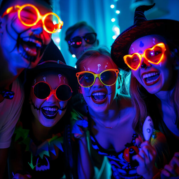 Na zdjęciu widzimy grupę młodych ludzi bawiących się na imprezie z okazji Halloween. Uczestnicy są radośni, uśmiechnięci i mają na sobie kolorowe okulary, które świecą w ciemnościach. Niektórzy mają na twarzach wymalowane szkielety, co jest typowym makijażem na Halloween. Światło neonowe dodaje zdjęciu energicznej i zabawnej atmosfery. Można przypuszczać, że jest to moment szczęścia i relaksu w gronie przyjaciół podczas celebrowania tego świątecznego wydarzenia.