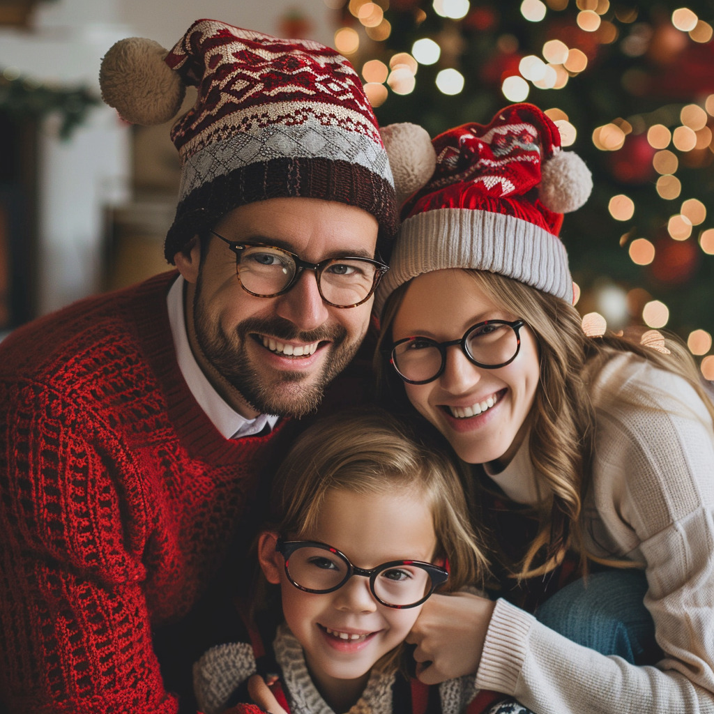 Okulary na święta Na zdjęciu widzimy rodzinę, składającą się z mężczyzny, kobiety i dziecka, świętujących razem Boże Narodzenie. Rodzina nosi świąteczne czapki i okulary, co dodaje uroku tej rodzinnej scenie. W tle widoczne są światła choinkowe, które tworzą przytulną i ciepłą atmosferę. Ich uśmiechy są szczere i promienne, co sugeruje radość i bliskość między nimi. Jest to typowy obraz szczęśliwych świąt spędzanych w gronie najbliższych.