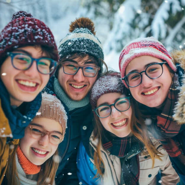 grupa młodych ludzi cieszy się podczas ferii zimowych wszyscy mają okulary