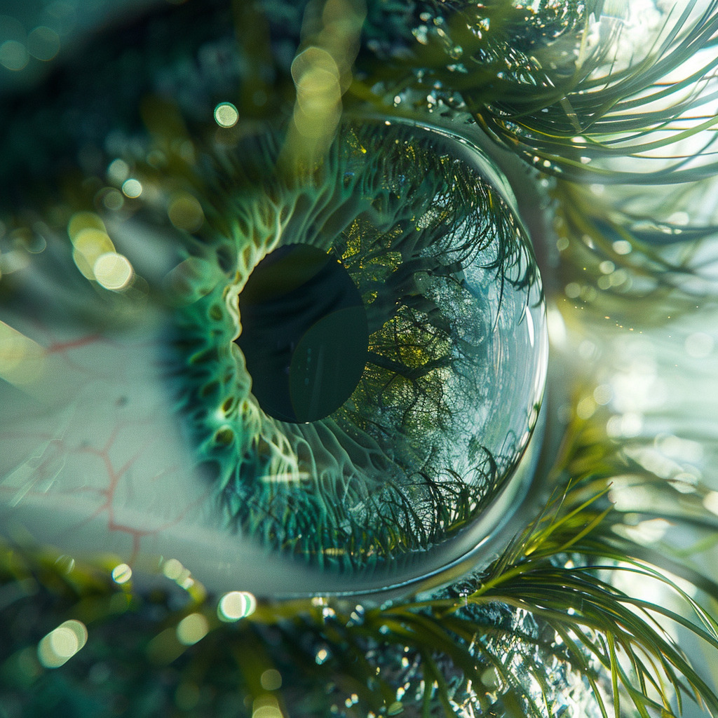 Artystyczne przedstawienie oka z odbiciem zieleni i przyrody, podkreślające połączenie wizji z naturą.