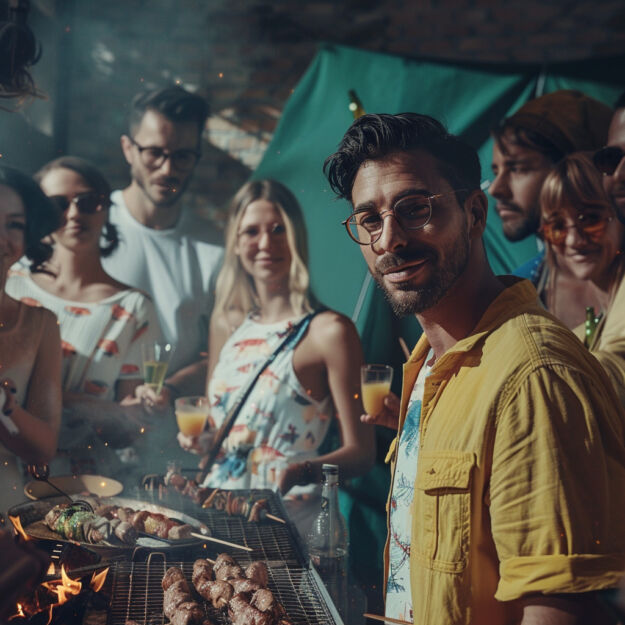 Radosne chwile przy grillu – połączenie dobrego towarzystwa i smakowitych potraw Grupa przyjaciół cieszy się wspólnym grillem.