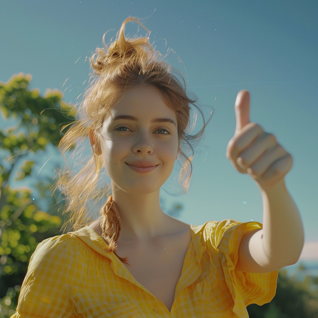 Młoda kobieta w żółtej bluzce pokazuje gest 'ok'