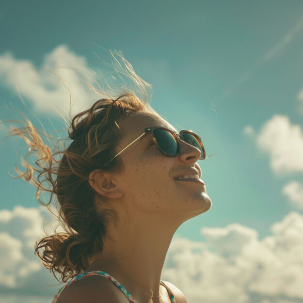 Wakacyjny Relaks: Słońce i Uśmiech Młoda kobieta z radosnym uśmiechem na twarzy, nosząca okulary przeciwsłoneczne, patrzy w niebo.