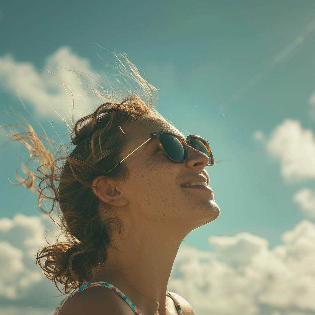 Młoda kobieta z radosnym uśmiechem na twarzy, nosząca okulary przeciwsłoneczne, patrzy w niebo.