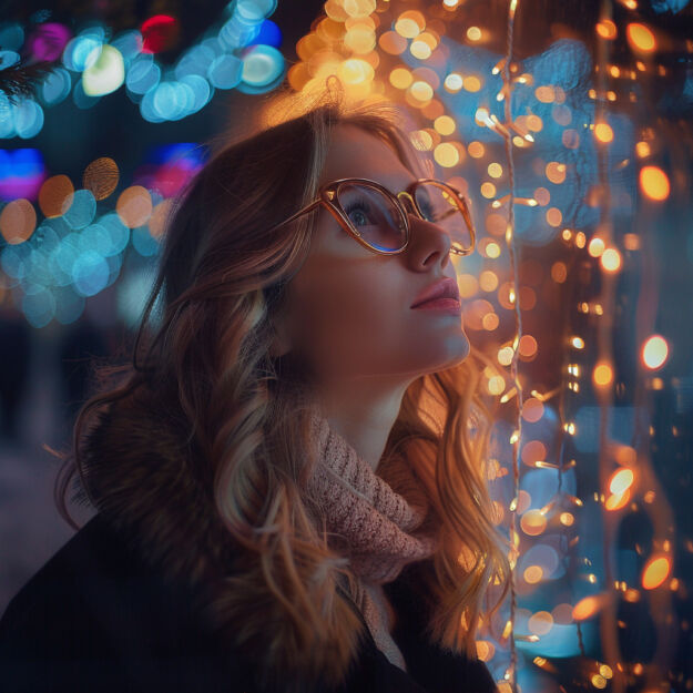 okulary z antyrefleksem a magia świąt Młoda kobieta patrzy na światełka świąteczne, ma okulary z antyrefleksem dzięki czemu światło nie odbija się w soczewkach