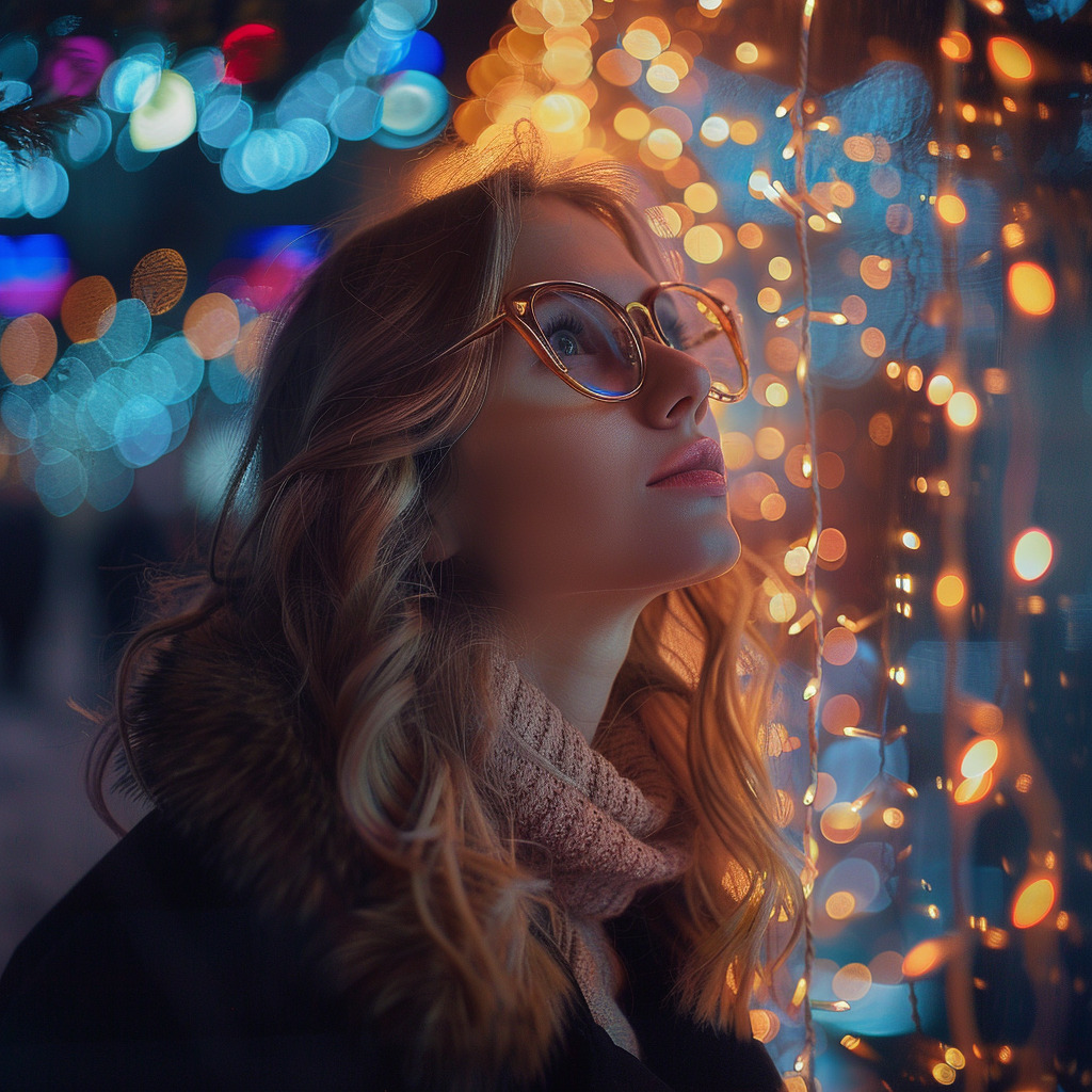 Młoda kobieta patrzy na światełka świąteczne, ma okulary z antyrefleksem dzięki czemu światło nie odbija się w soczewkach