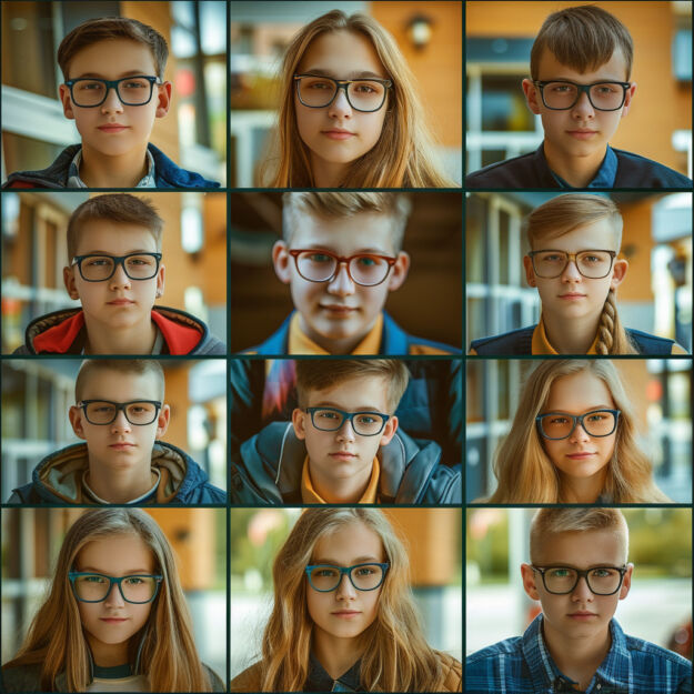 Grupa Uczniów w różnych okularach dostosowanych do ich potrzeb