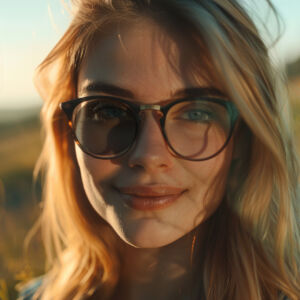 uśmiechnięta młoda kobieta, z jednej strony świeci słońce jej na twarz i po tej stronie okulary mają ciemne szkło, p drugiej stronie nie ma słońca i okulary są normalne