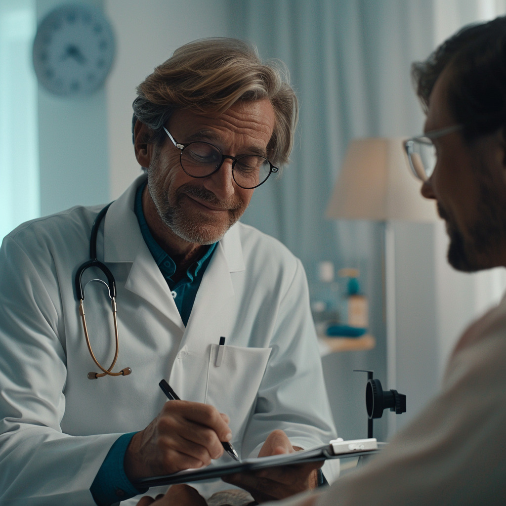 Lekarz wystawia receptę, uśmiecha się do pacjenta z wyrozumiałością i zrozumieniem, pacjent odwzajemnia uśmiech