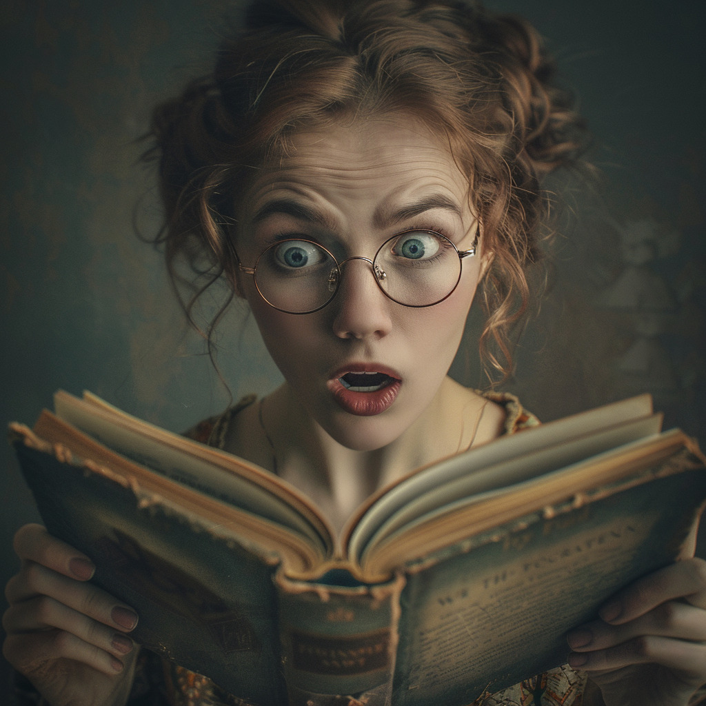 kobieta w historycznym stroju, czyta starodawną książkę, ma na oczach okulary, jej twarz wyraża szok gdyż dobrze widzi dzięki okularom