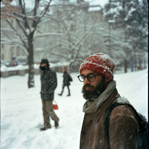 spacer w śniegu Zdjęcie przedstawia mężczyznę w okularach, który idzie ulicą pokrytą śniegiem; na jego czapce widoczny jest śnieg, a w tle rozmyte postacie innych ludzi również spacerujących w zimowej scenerii.