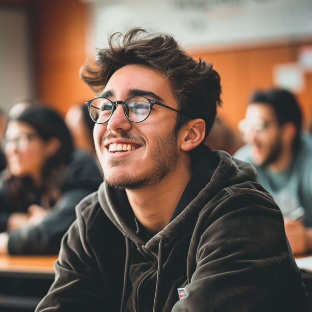 sukces szkolny w okularach Tekst alternatywny do zdjęcia: "Młody mężczyzna z uśmiechem na twarzy siedzi w klasie. Ma na sobie ciemną bluzę z kapturem i czarne okulary z prostokątnymi oprawkami. Wygląda na zadowolonego i zrelaksowanego, prawdopodobnie biorąc udział w ciekawym wykładzie.