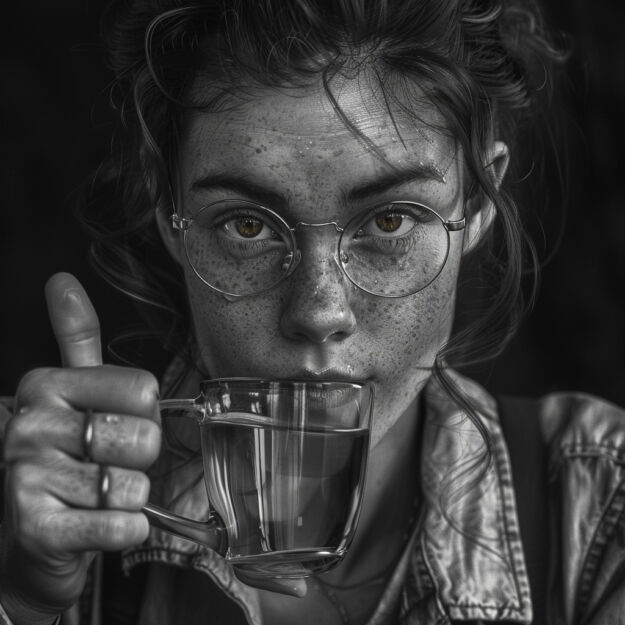odpowiednie nawodnienie a zdrowy wzrok Portret kobiety z zaciśniętym kciukiem podnoszącym szklankę wody do ust. Ma okrągłe, metalowe okulary i intensywne, brązowe oczy. Na jej twarzy widać piegi, a włosy są upięte w nieładny kok.