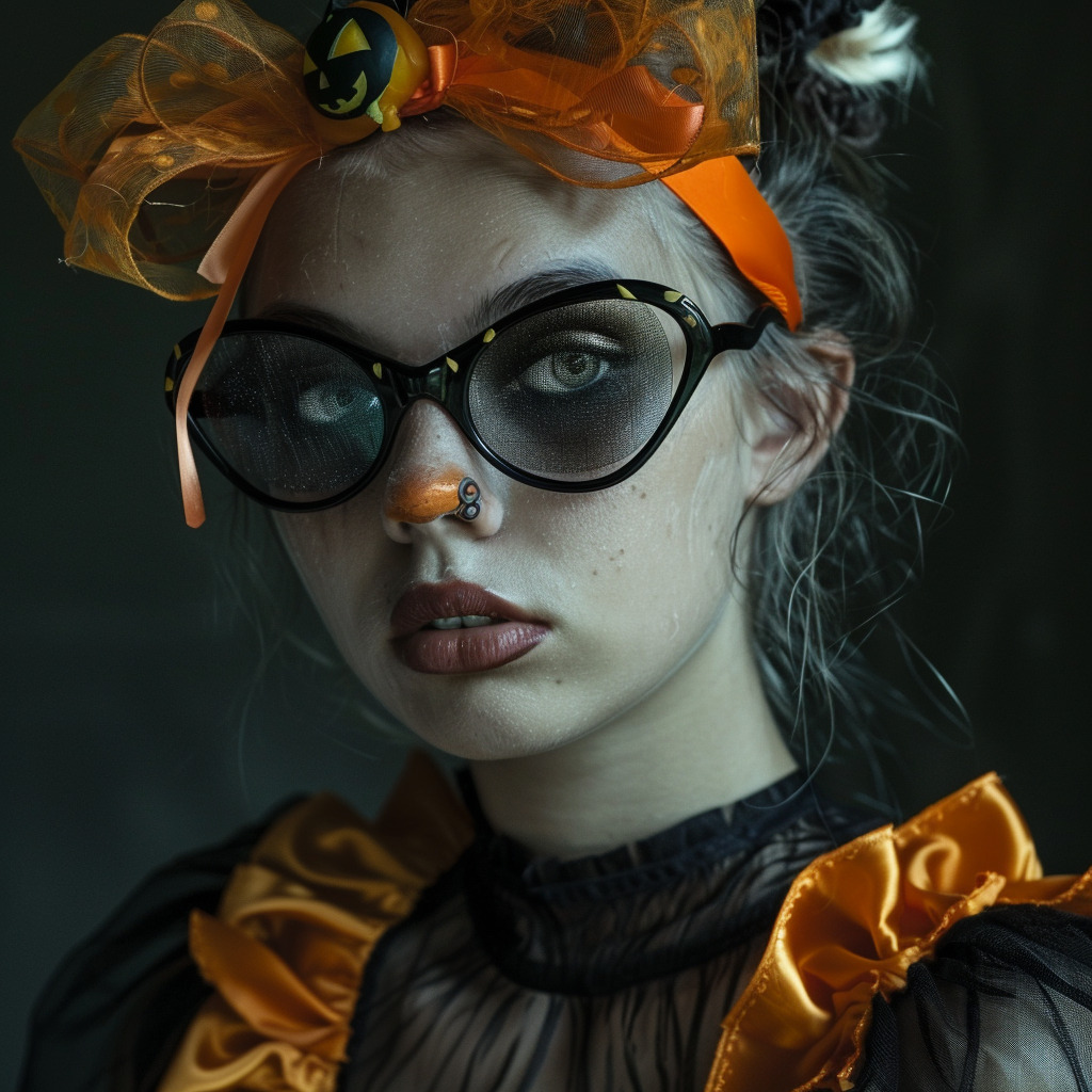 Młoda kobieta z poważnym wyrazem twarzy nosi duże, okrągłe, czarne okulary. Ma na sobie pomarańczową opaskę z Halloweenowym wzorem i nosi ciemną, przejrzystą bluzkę z rękawami z falbankami. Charakteryzuje ją blada skóra i roztrzepane, jasne włosy.