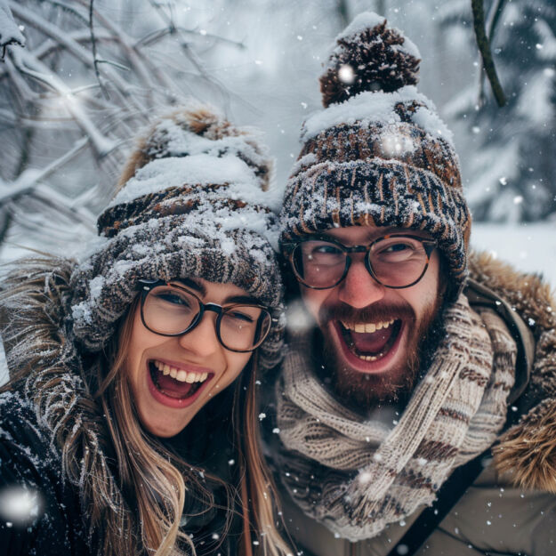 Para w okularach zimą Zdjęcie przedstawia radosną parę w zimowych akcesoriach, takich jak czapki z pomponami i szaliki, śmiejącą się podczas padającego śniegu. Kobieta nosi stylowe okulary.