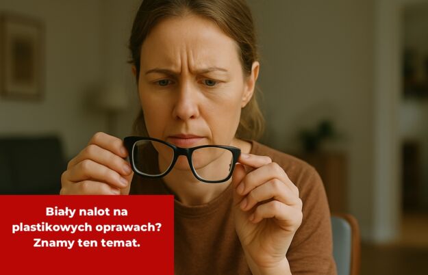 Biały nalot na plastikowych oprawach? Znamy ten temat. Zaniepokojona kobieta przygląda się okularom z białym nalotem na plastikowych oprawkach. Trzyma je w dłoniach.