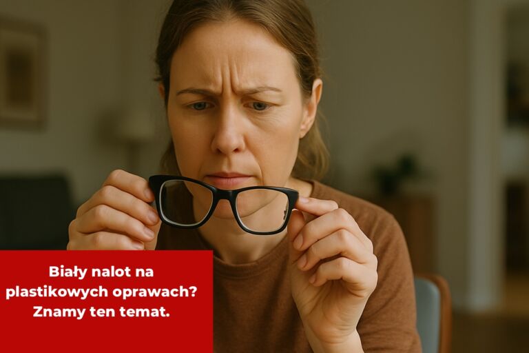 Zaniepokojona kobieta przygląda się okularom z białym nalotem na plastikowych oprawkach. Trzyma je w dłoniach.