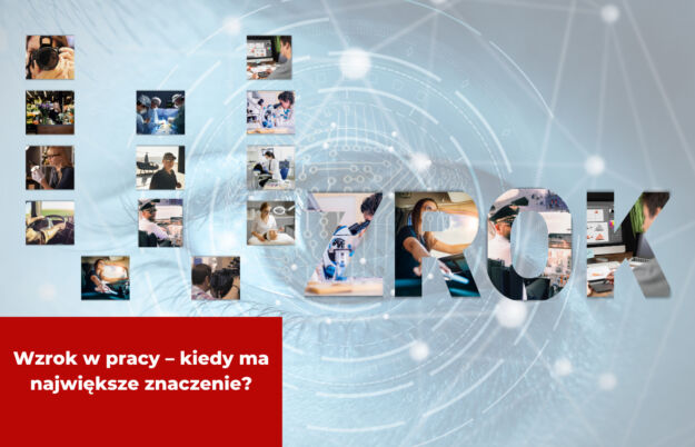 Wzrok w pracy – kiedy ma największe znaczenie? Grafika z dużym napisem „WZROK” złożonym ze zdjęć przedstawiających różne zawody, w których istotne jest dobre widzenie, m.in. pilot, chirurg, grafik i kierowca.