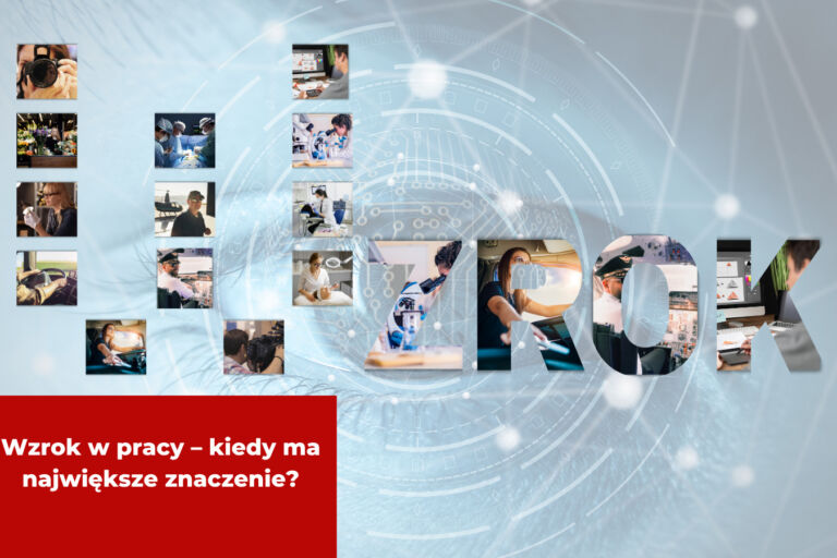Grafika z dużym napisem „WZROK” złożonym ze zdjęć przedstawiających różne zawody, w których istotne jest dobre widzenie, m.in. pilot, chirurg, grafik i kierowca.